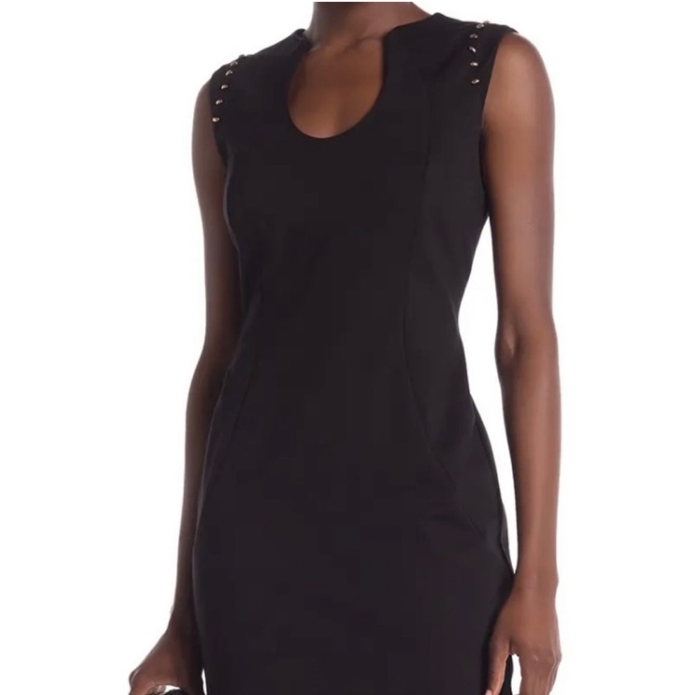 T Tahari Sleeveless Knee Length Dress Sheath Black Gold Beaded Size 8